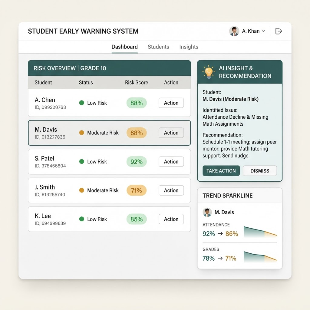 Pathway AI early-warning panel showing color-coded student risk levels and an AI recommendation card